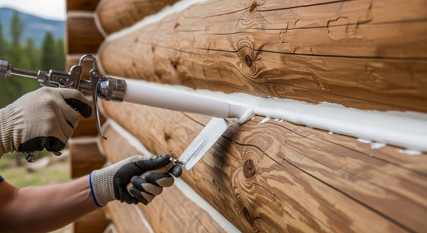 Expert log home chinking application showing Permachink and Sashco synthetic elastomer systems for weatherproof sealing in Colorado