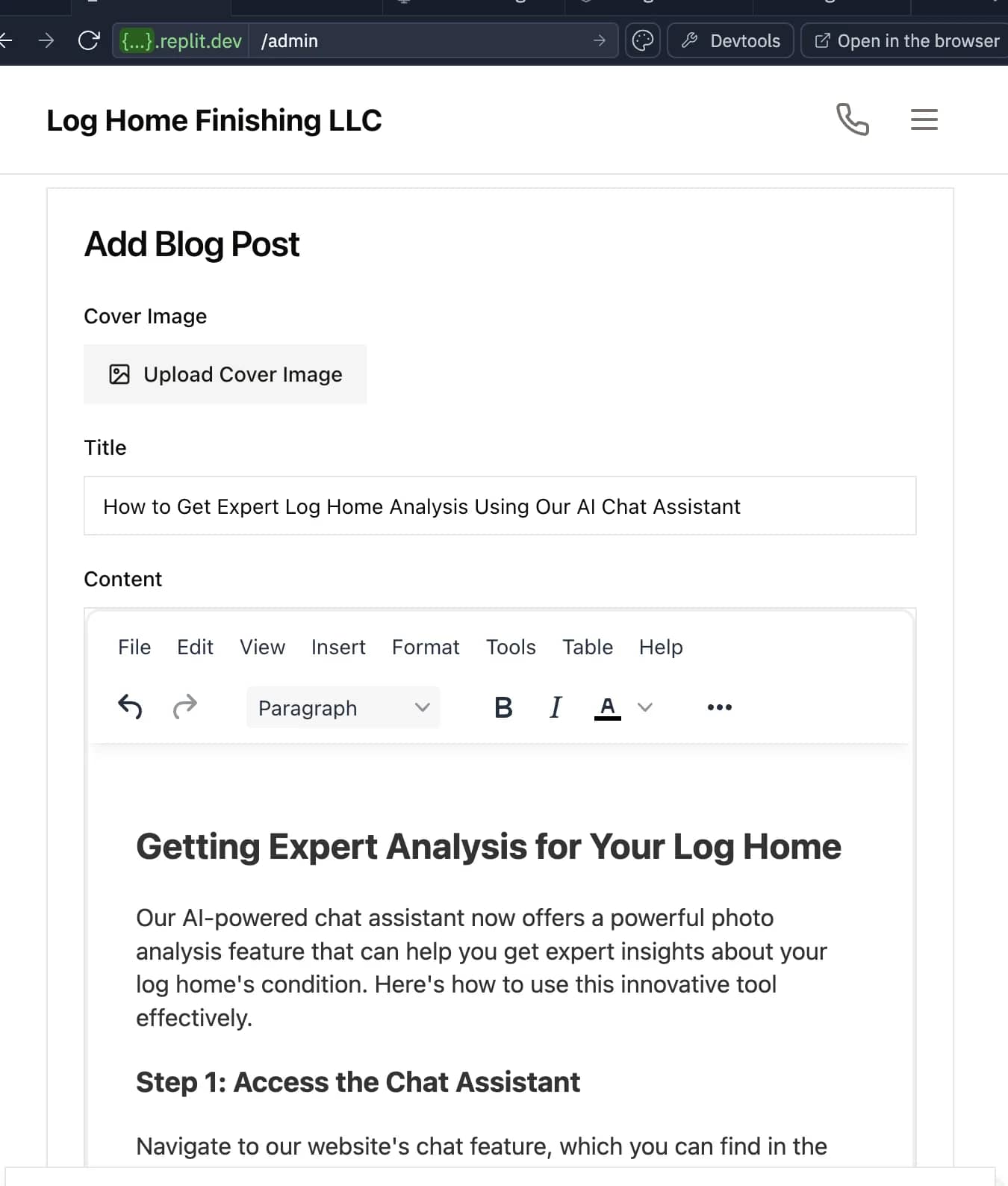 AI Chat Assistant for Log Home Restoration: Upload Photos & Get Expert Advice