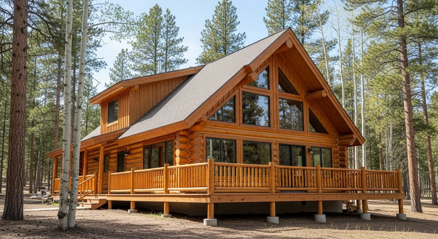 Illustration of a renovated honey-toned log cabin in Breckenridge, Colorado