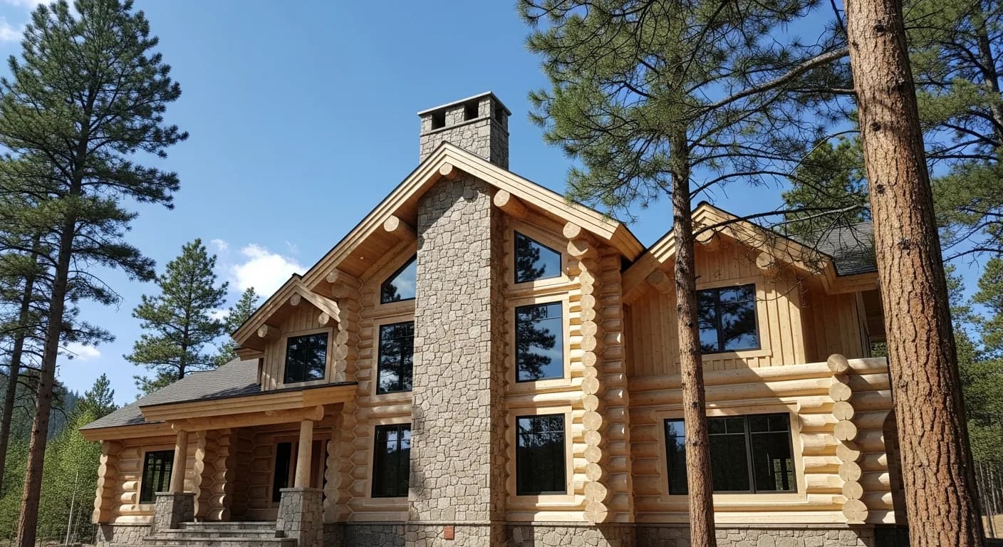 Illustration of a newer Douglas fir log home with a stone chimney near Fairplay, Colorado