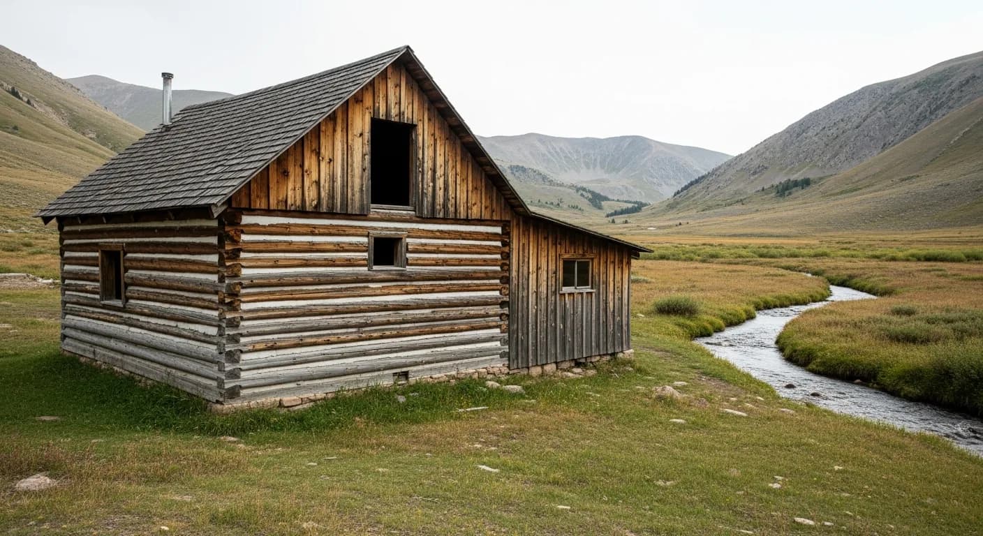 Illustration of a weathered off-grid log cabin on acreage near Fairplay, Colorado