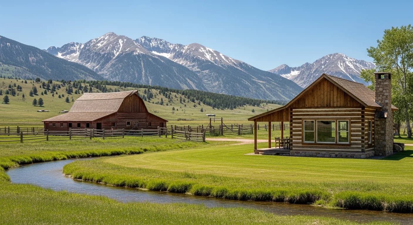 Illustration of a renovated historic log cabin on ranch land near Gunnison, Colorado