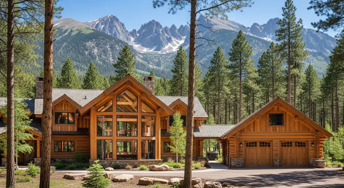 Illustration of a full log home bordering national forest near Pagosa Springs, Colorado