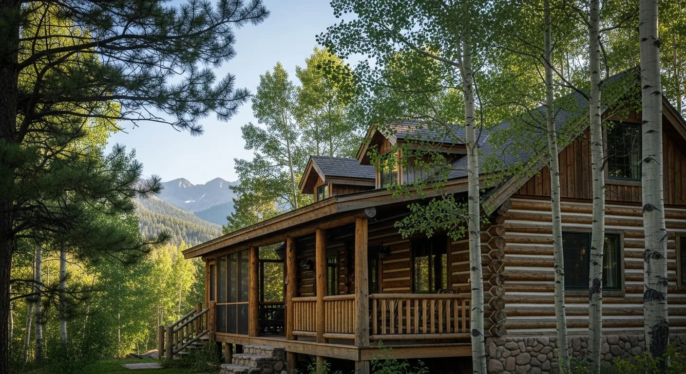 Illustration of a charming 1980s log cabin with a wrap-around porch near Pagosa Springs, Colorado