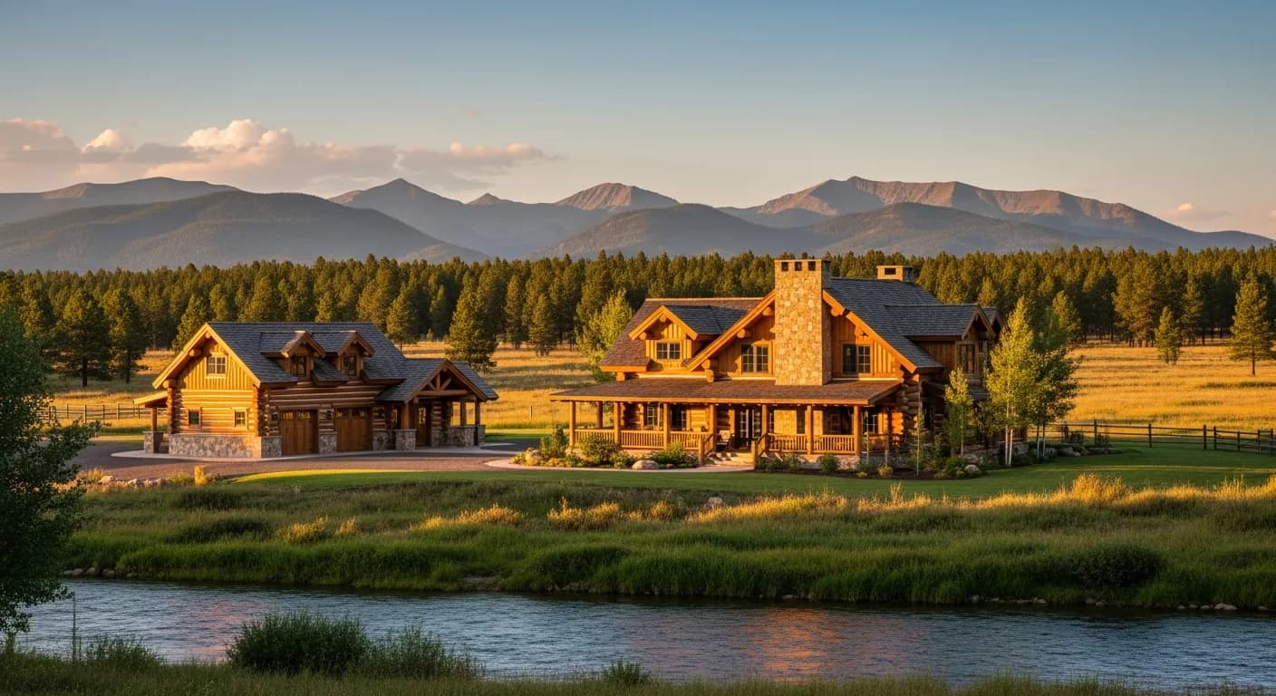 Illustration of a riverfront custom log home on the Elk River near Steamboat Springs, Colorado