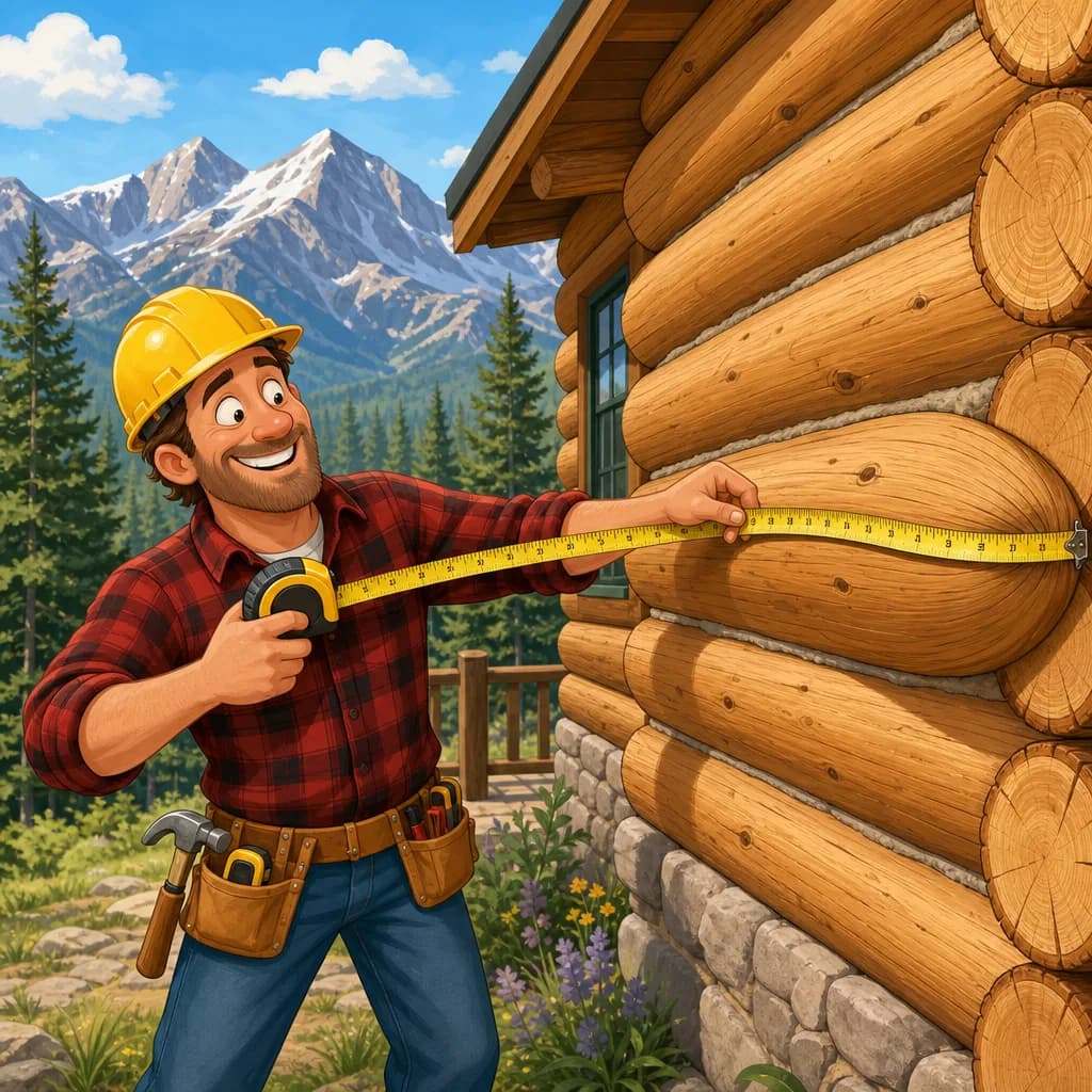 Cartoon contractor measuring the round logs of a log home with a tape measure