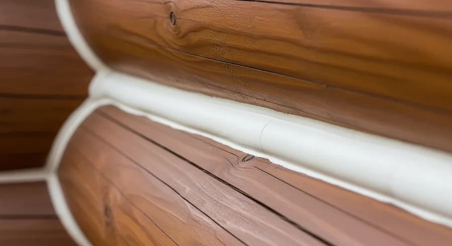 Freshly applied off-white Permachink synthetic elastomer chinking bead sealing the gap between stained logs on a Colorado log home