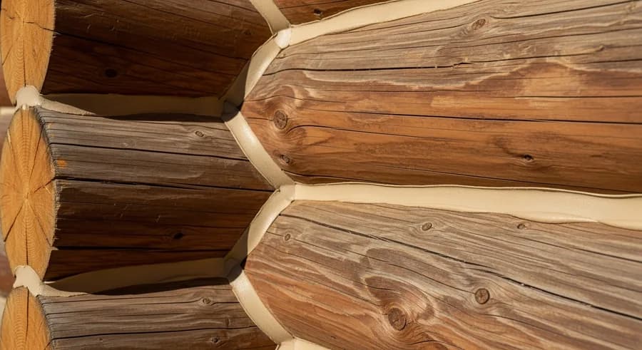 Tan Sashco Log Jam synthetic chinking with a realistic mortar texture sealing the joints of a log home wall