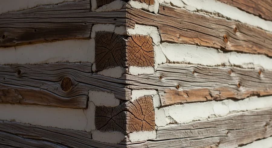 Authentic grey lime and cement mortar chinking packed between hand-hewn logs on a historic Colorado log cabin