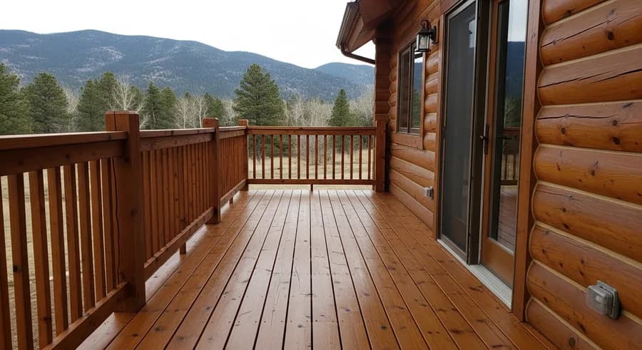 Clean well-maintained log home deck with a fresh protective finish in the Colorado mountains