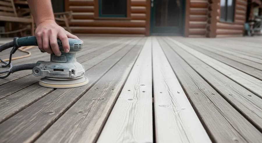 Weathered wooden deck being sanded and restored with board replacement on a Colorado mountain home