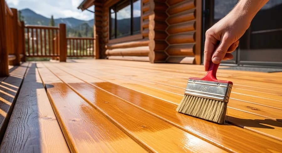 Rich semi-transparent stain being brushed onto a Colorado log home deck for UV protection and weather resistance