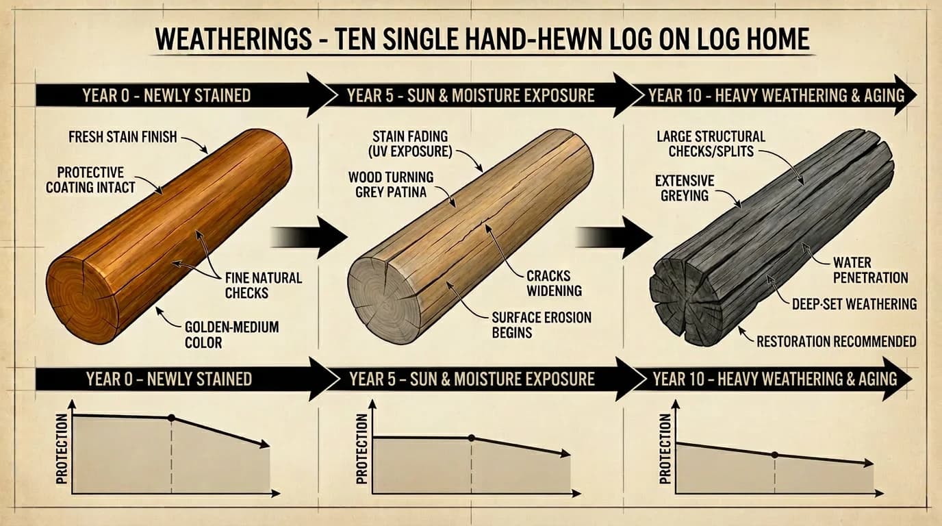Timeline showing how an unmaintained log home weathers and loses value
