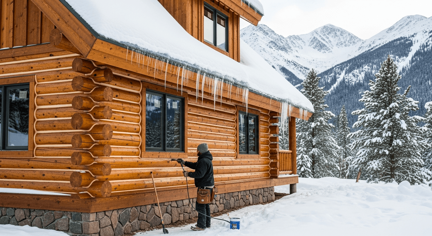 Professional log home weatherproofing in Colorado winter showing snow protection and expert sealing
