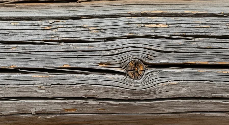 Weathered log wall with deep upward-facing checks and UV damage letting water soak into the body of the logs