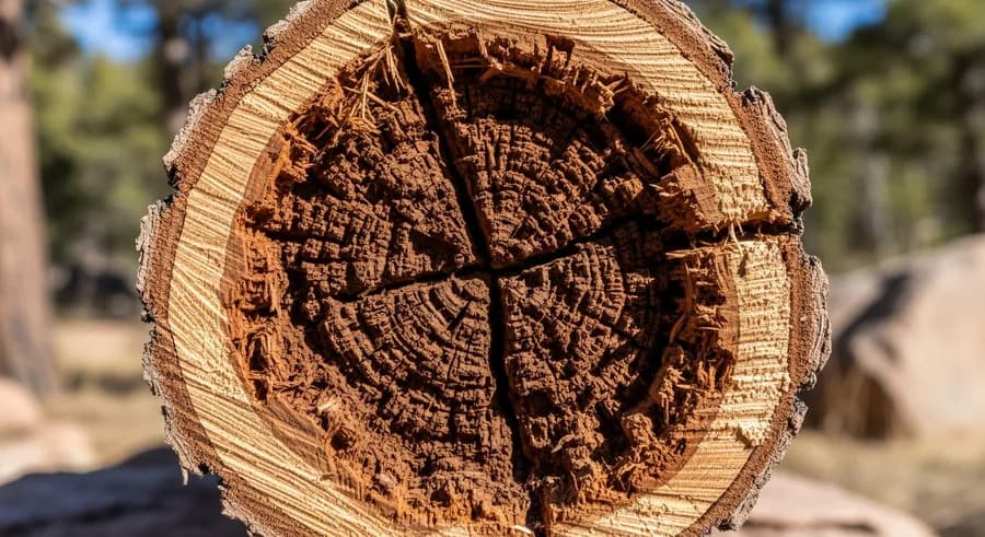 Cutaway of a log with rot reaching the core, past the point epoxy can repair and needing full log replacement