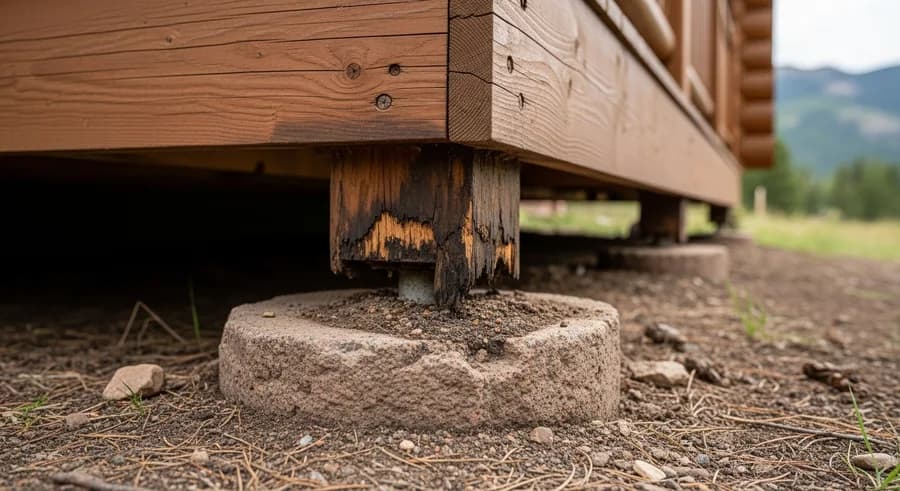 Bottom log of a log cabin in direct contact with soil and deck framing, showing moisture damage from ground contact