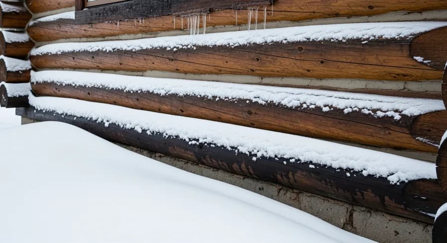 Deep snow drifted against the bottom logs of a Colorado log home, keeping the sill logs saturated and prone to decay