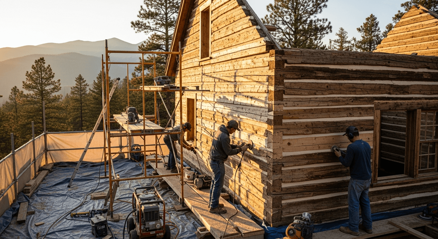 Professional log home restoration in progress