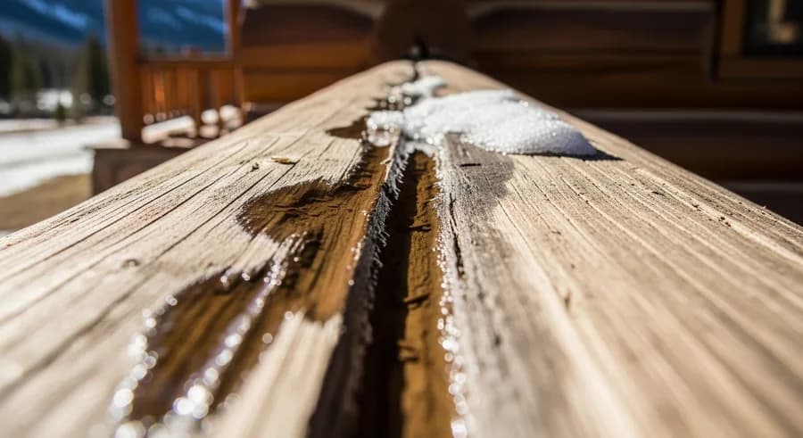 Deep upward-facing check on a sun-baked log holding rainwater and snowmelt that soaks into the log