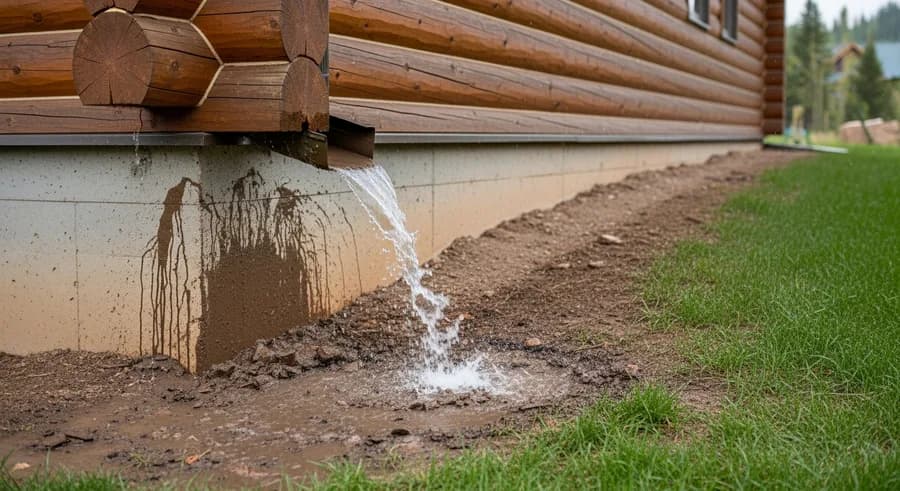 Blocked gutter and splash-back driving moisture into the lower logs of a Colorado log home