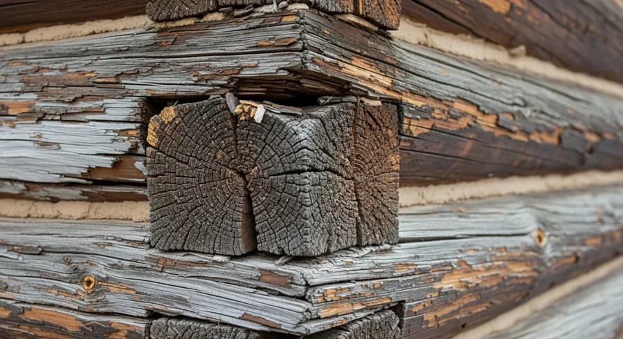 Log home wall with worn stain and cracked chinking letting water wick into the wood and cause rot