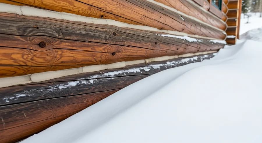 Snow banked against the lower logs and sill logs of a Colorado log cabin, keeping the wood saturated for months