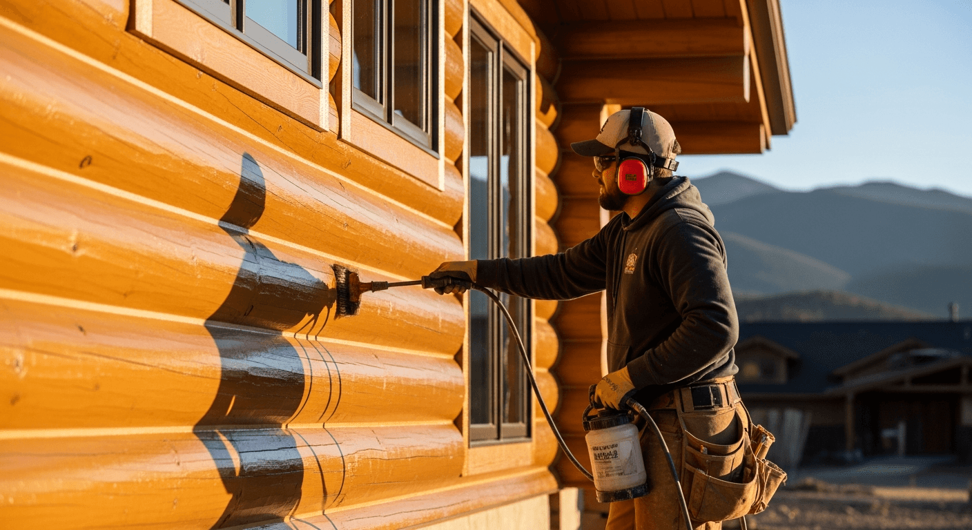 Beautiful golden-brown stained log home after professional staining service