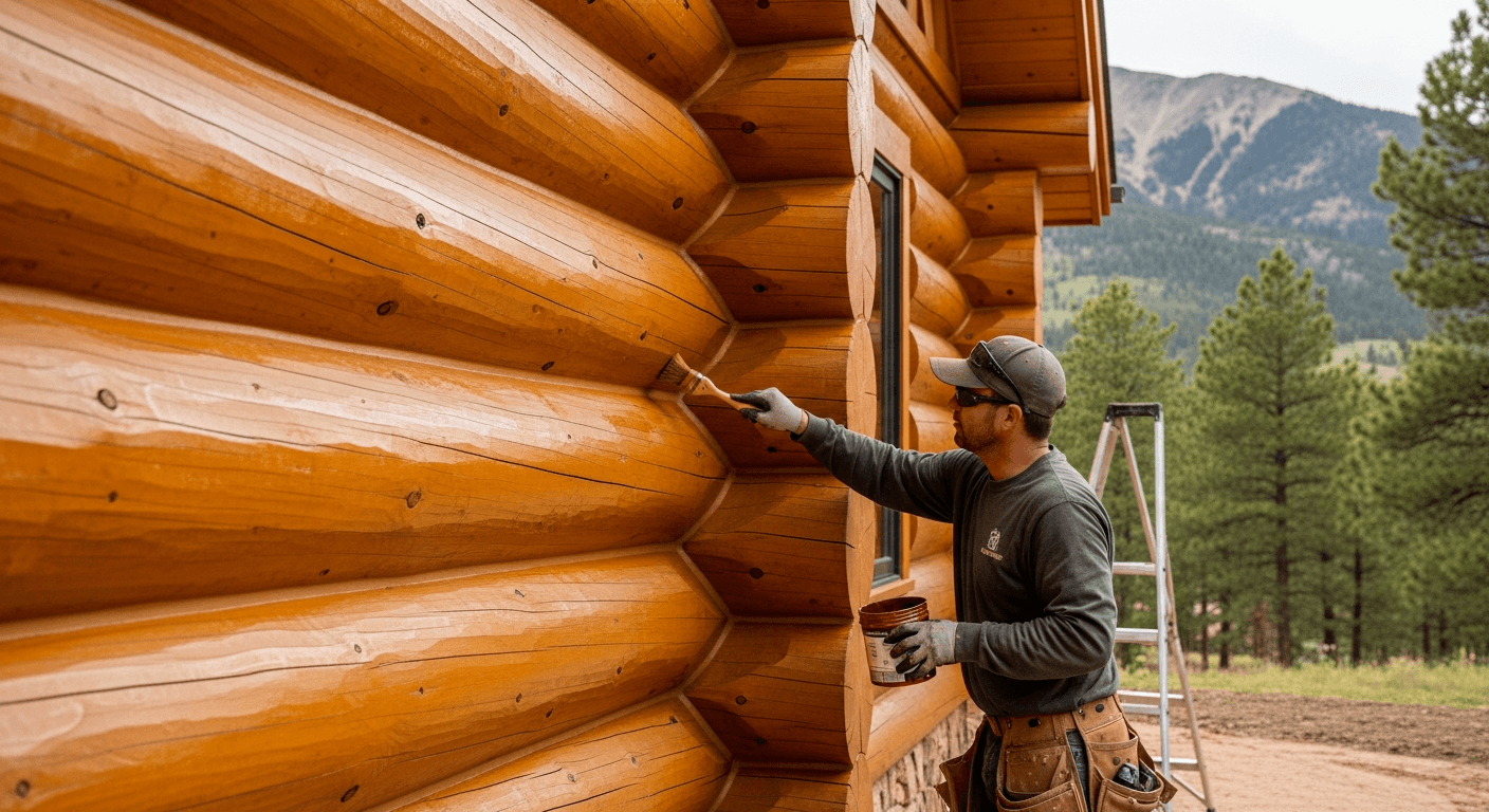 Professional craftsman applying Sashco wood stain to a Colorado log home
