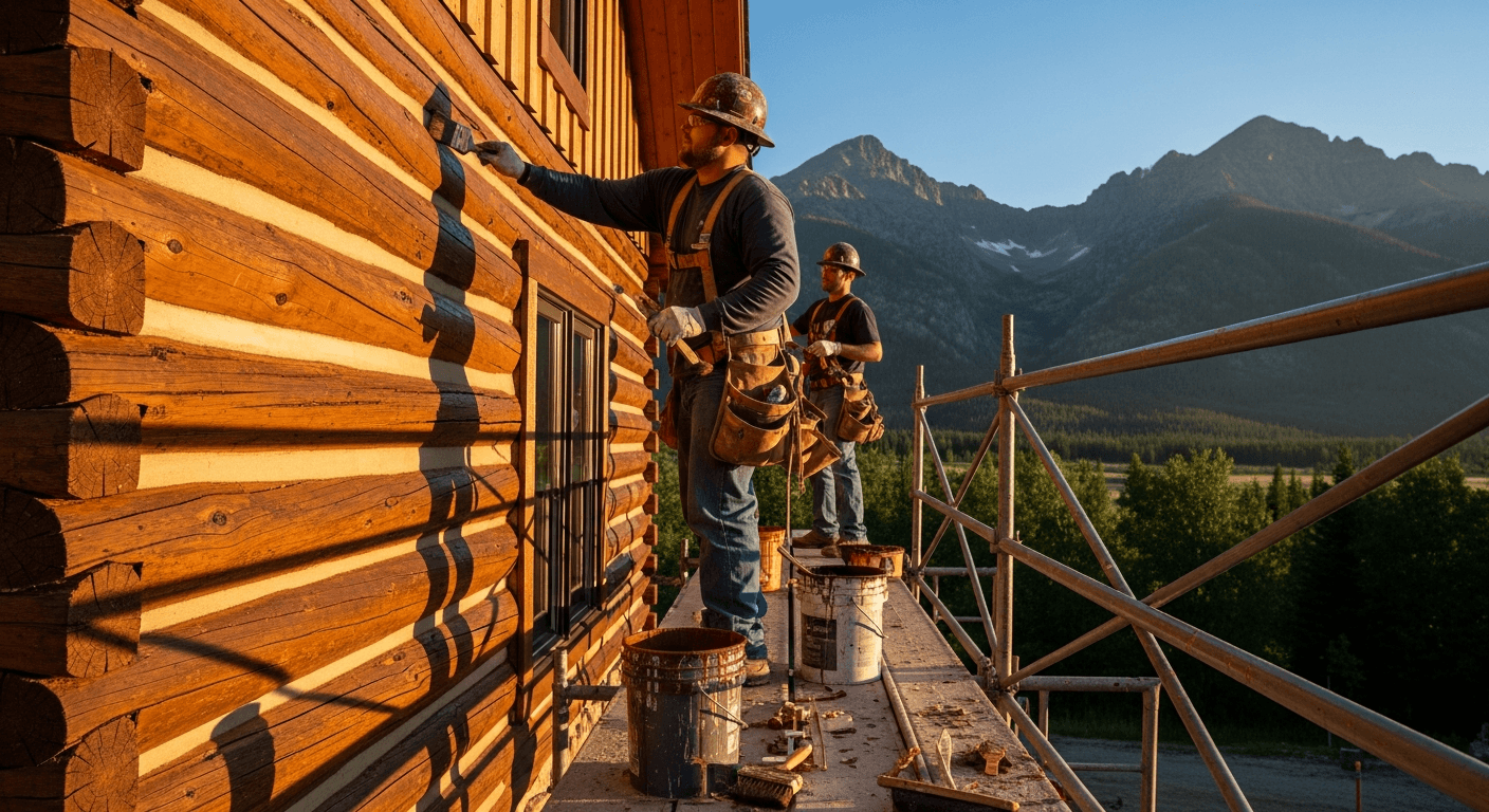Professional log home restoration in progress with workers applying stain