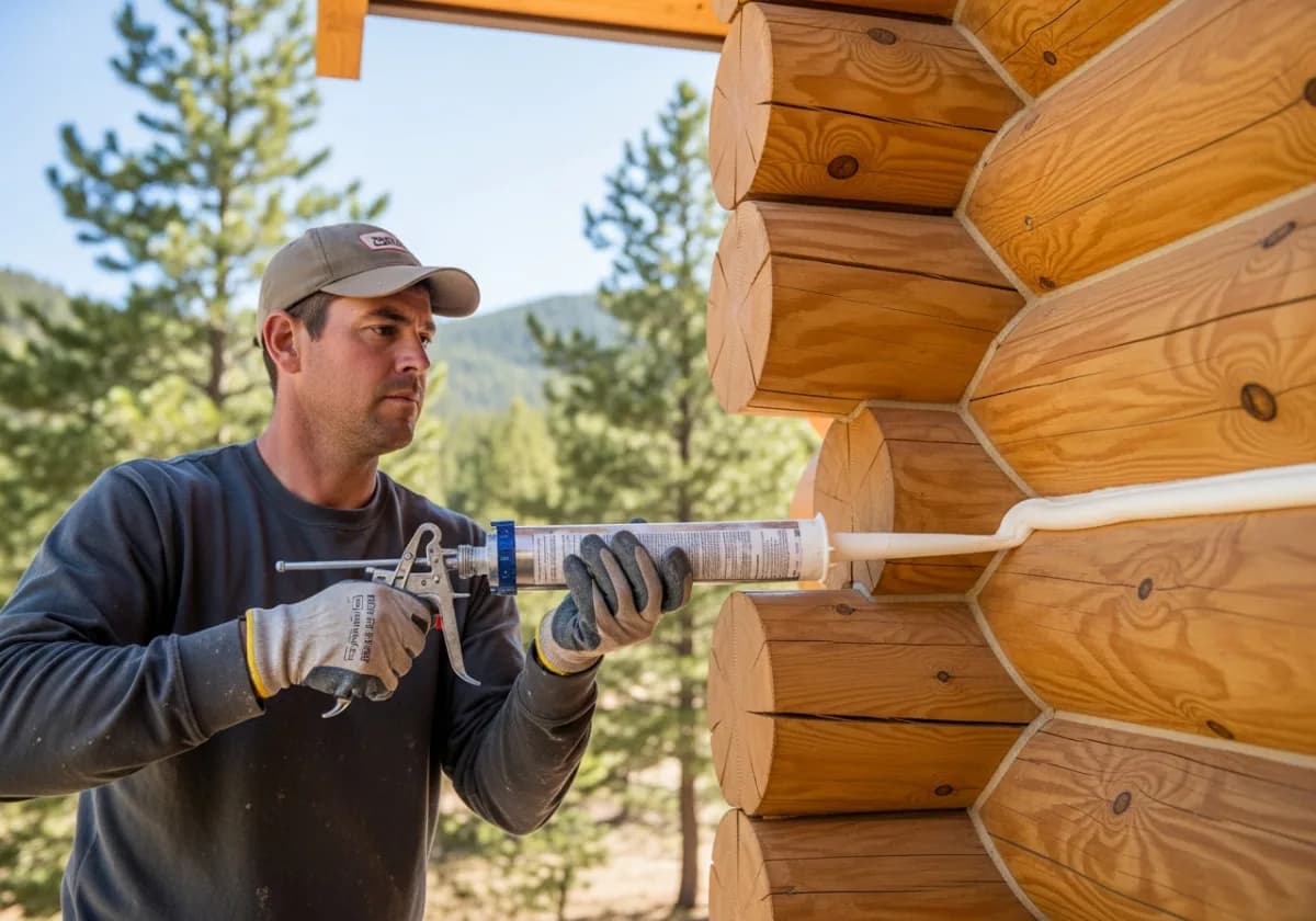 Sealant being applied to a log home joint in Colorado