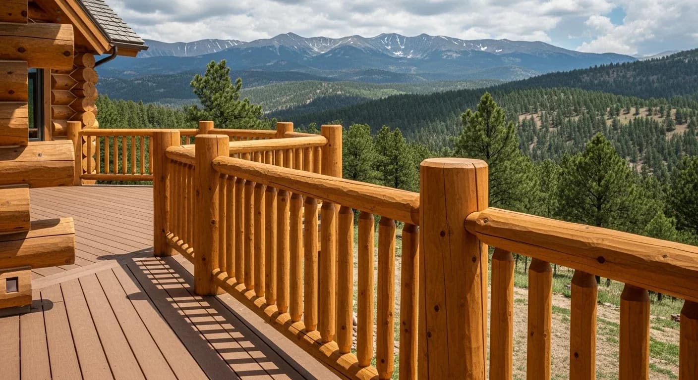 Cleaned and re-stained wood deck railings on a Colorado log home