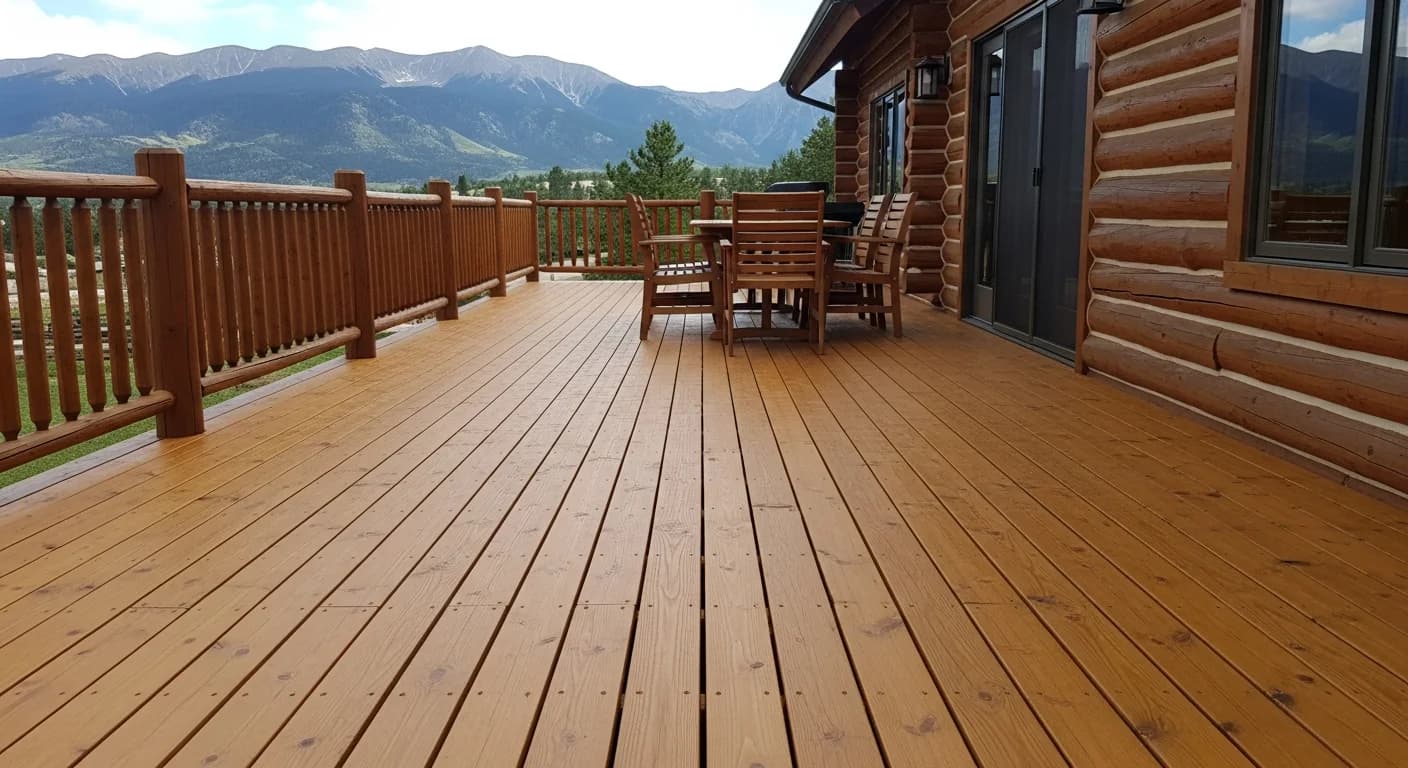 Re-staining weathered deck boards on a Colorado log home
