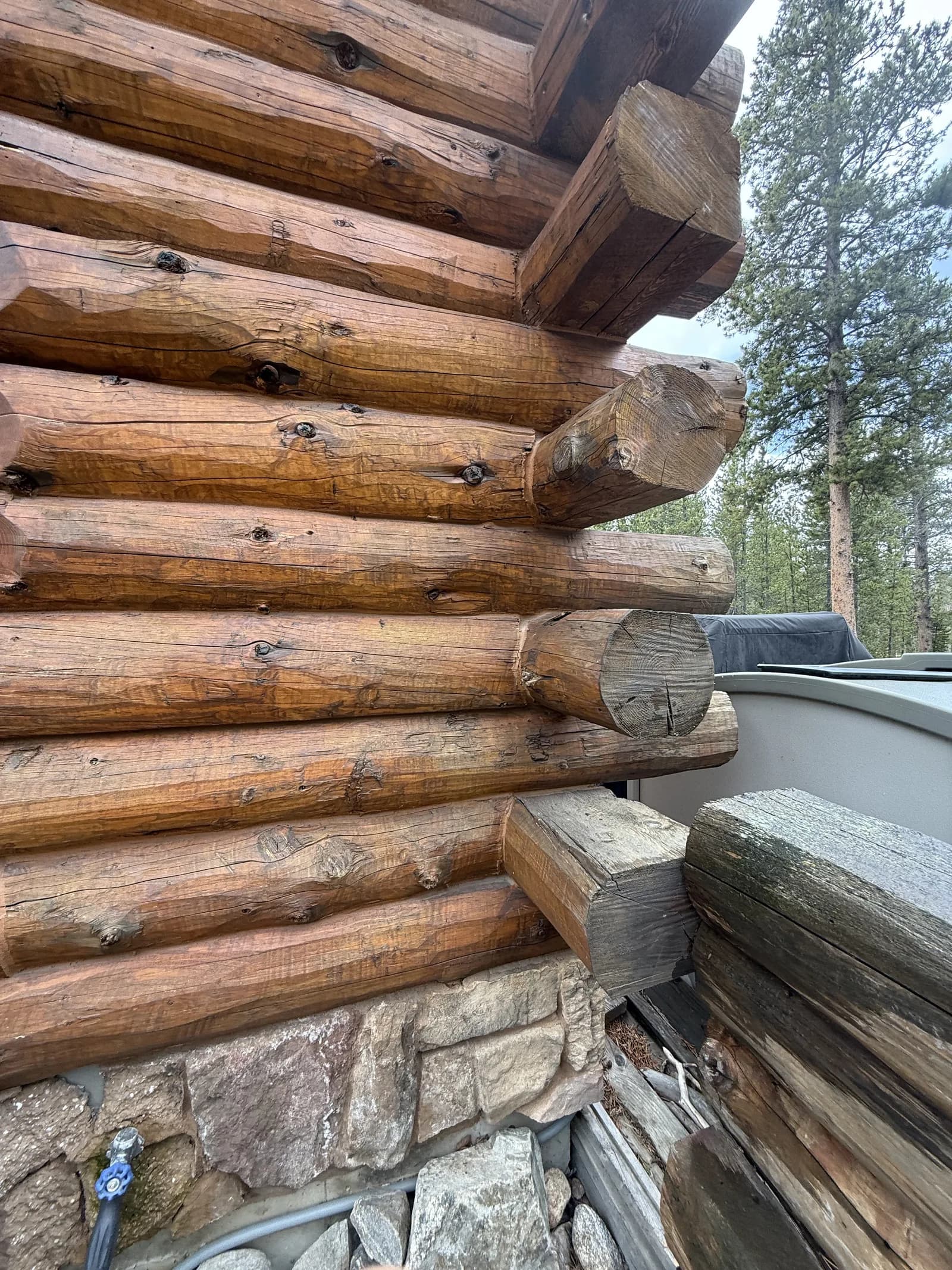 Saddle-Notch Corner Joinery Close-up of saddle-notched log corner joinery carrying a fresh honey stain above a stone foundation on a Colorado log home