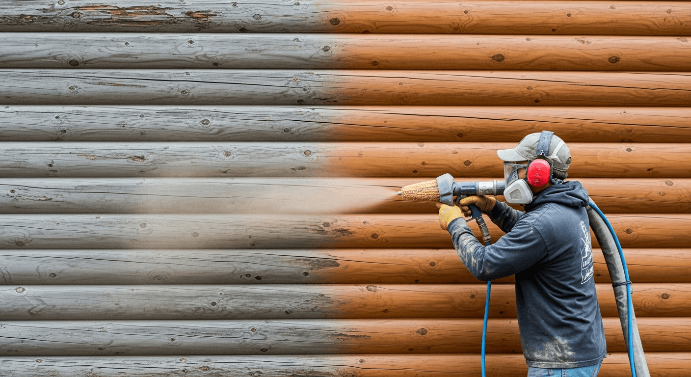 Professional media blasting on a Lake County log home near Leadville