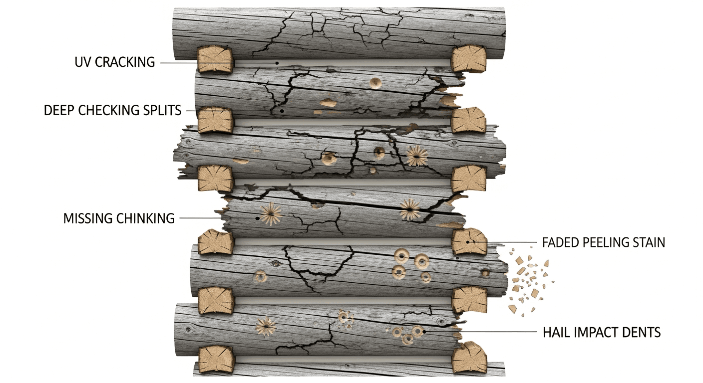 UV and hail damage diagram showing deterioration patterns on Routt County log homes