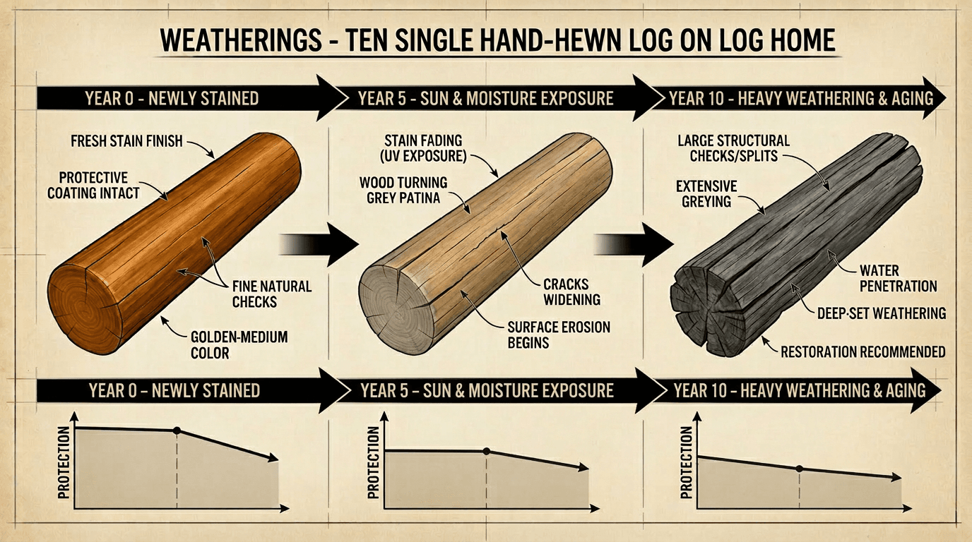 Infographic showing the 10-year weathering and decay timeline of a hand-hewn log on a log home
