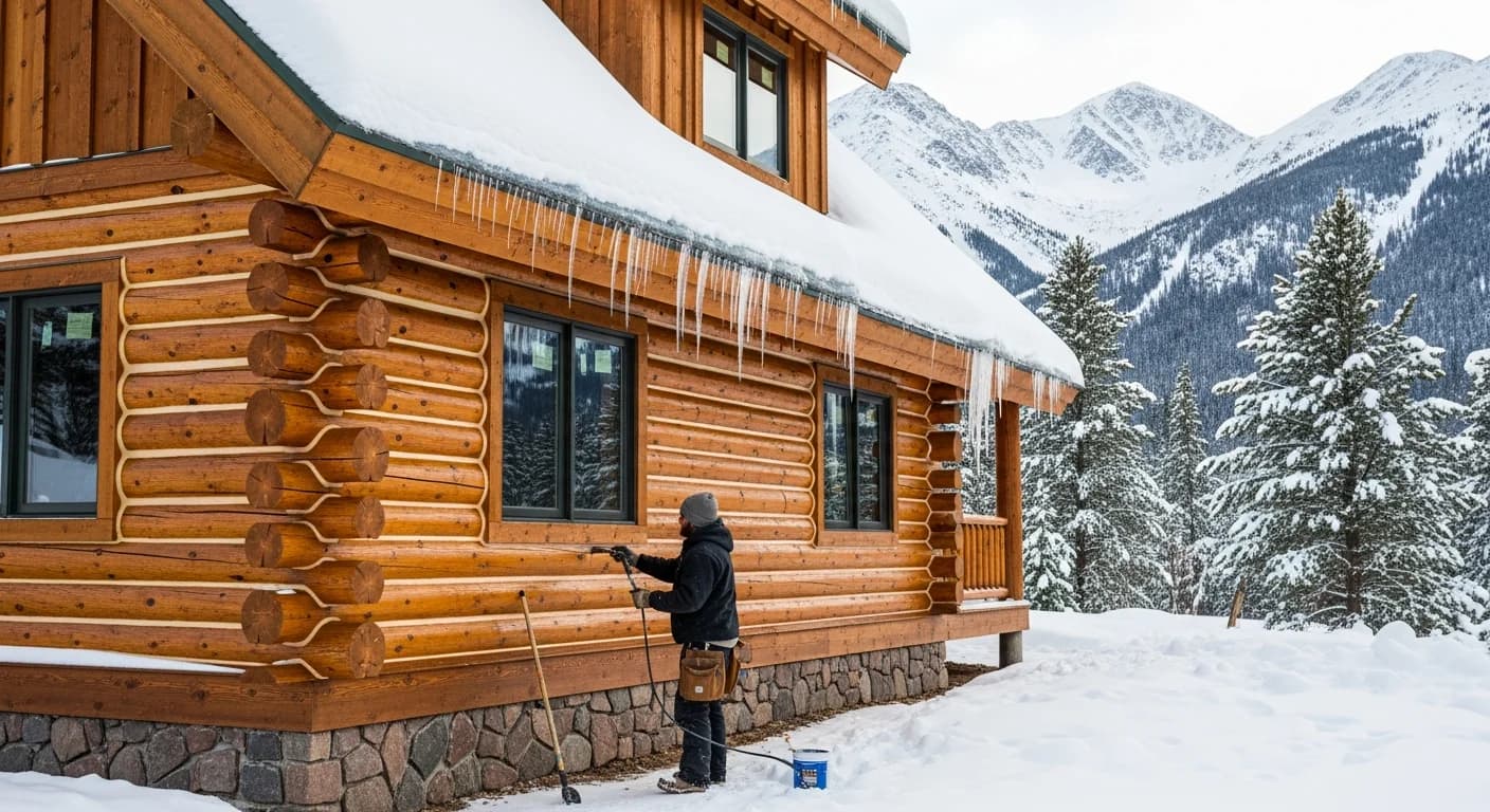 Professional log home weatherproofing in Colorado winter showing snow protection and expert sealing