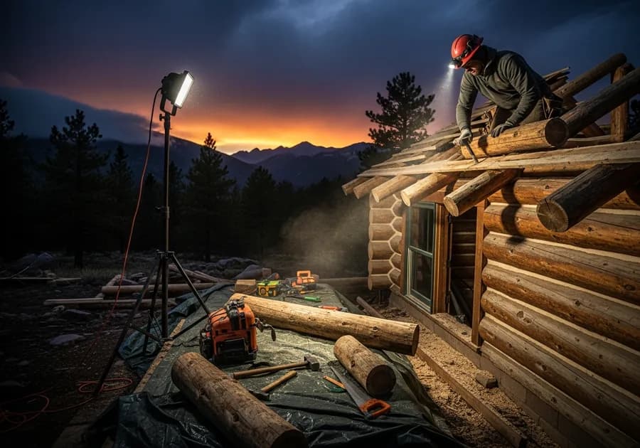 Emergency log home repair addressing storm damage on a log cabin at dusk with work lights and tools