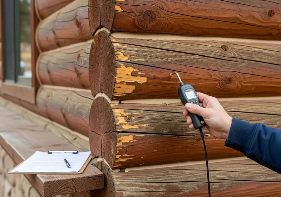 Annual log home maintenance inspection using a moisture meter to check the logs and chinking of a Colorado cabin