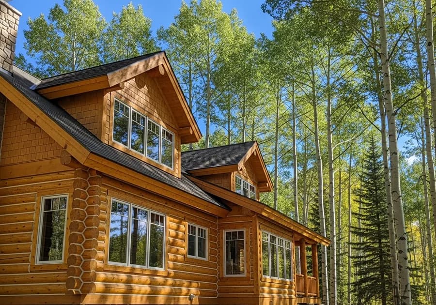 Well-maintained log home under a preventive maintenance program with pristine golden stained logs and clean chinking