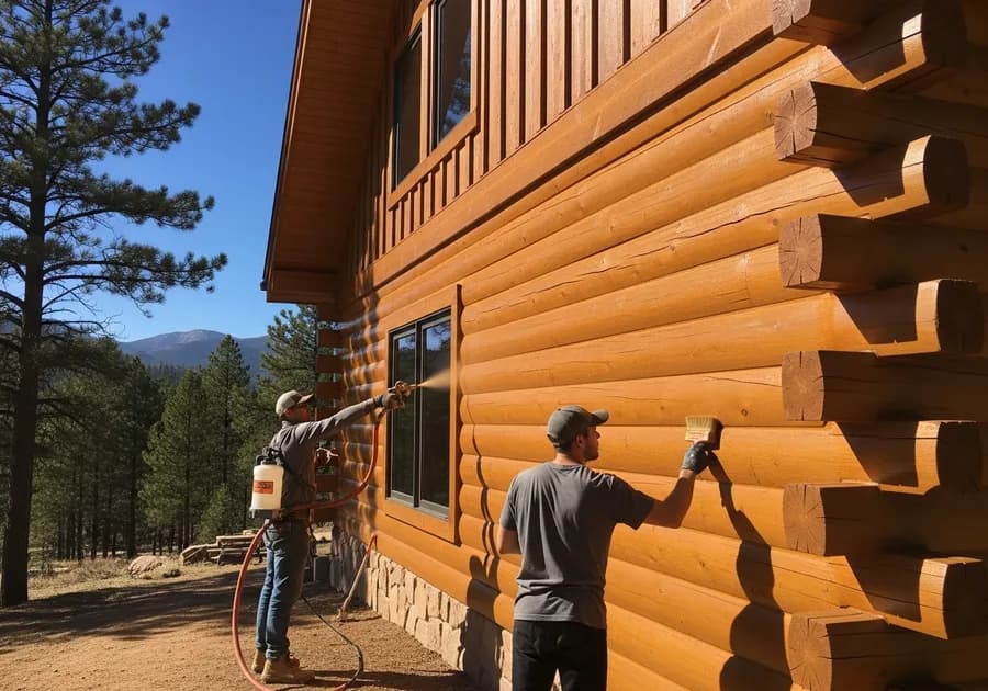 Professional log home staining applying UV-protective honey-toned stain to log cabin walls in Colorado