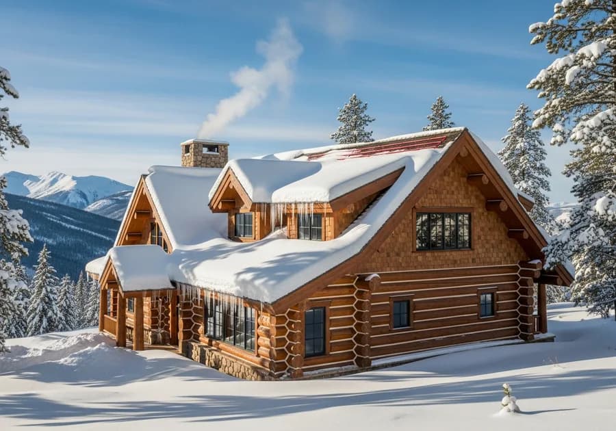 Seasonal weatherproofing of a snow-covered Colorado log home protecting against snow load and ice dams