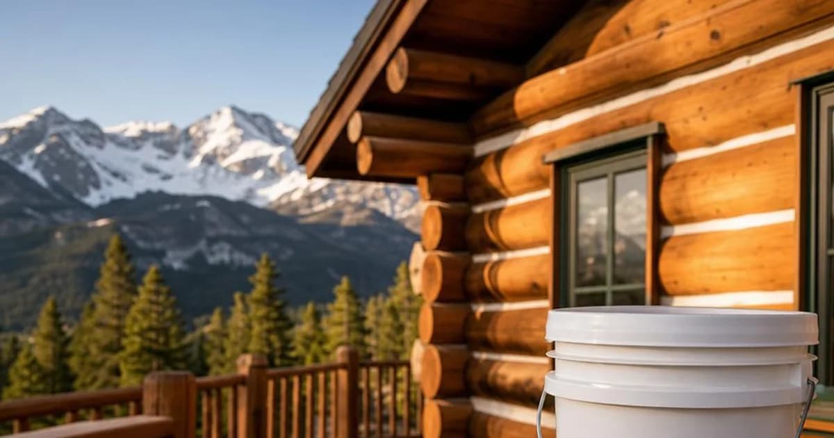 Colorado mountain log home with fresh stain and white chinking, with stain pail, caulk tubes, color samples and brush on the deck rail