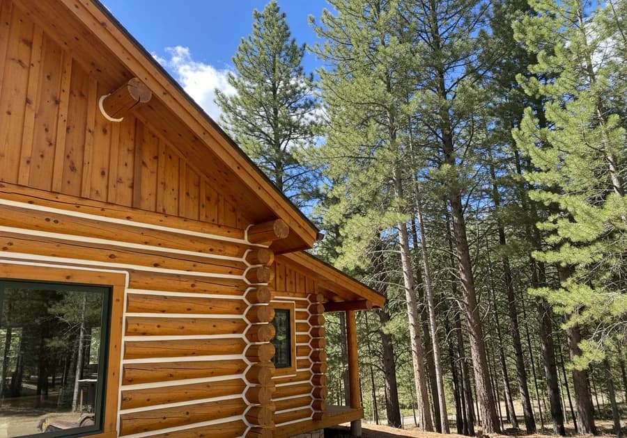 Fully restored Colorado log home exterior with freshly stained golden logs and clean new chinking lines
