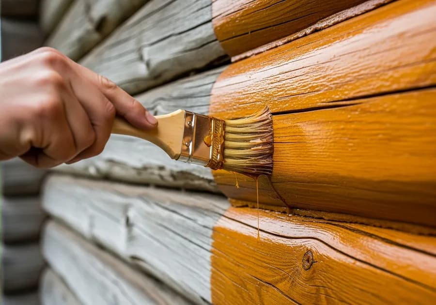 Cosmetic log home restoration brushing fresh amber stain onto a log wall, transforming weathered grey wood