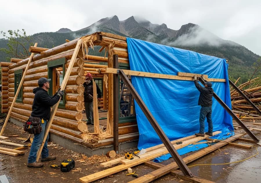 Emergency log home restoration with a protective tarp and bracing over storm-damaged log cabin walls
