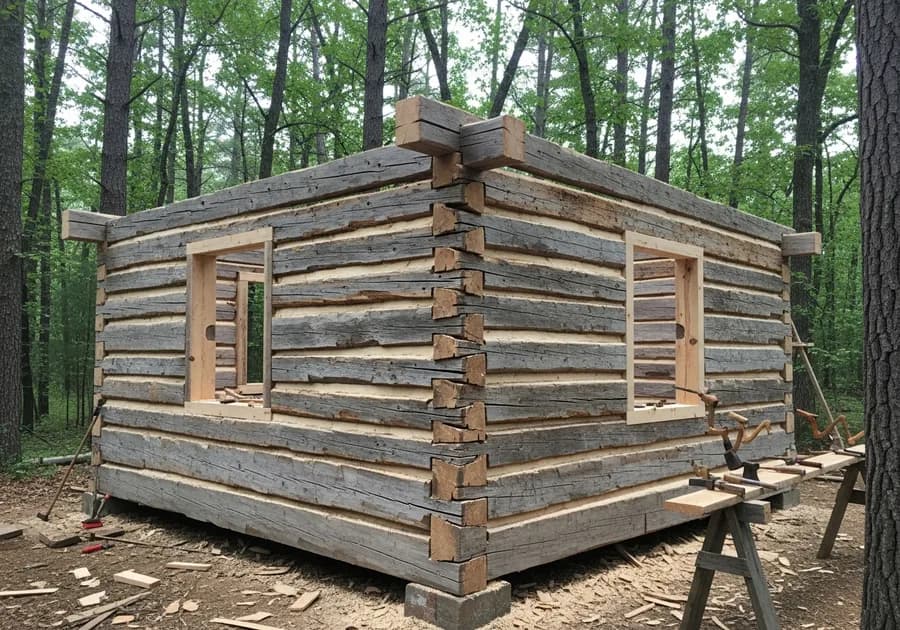 Historic hand-hewn log cabin with square-hewn timbers and dovetail corners being carefully restored