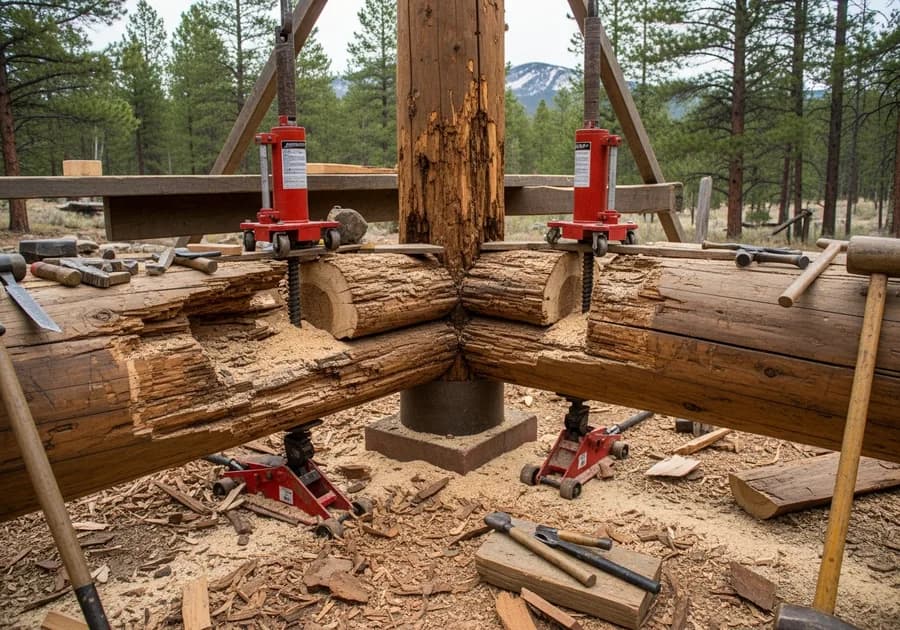 Structural log home restoration replacing a rotted bottom sill log and shoring the wall of a Colorado log cabin