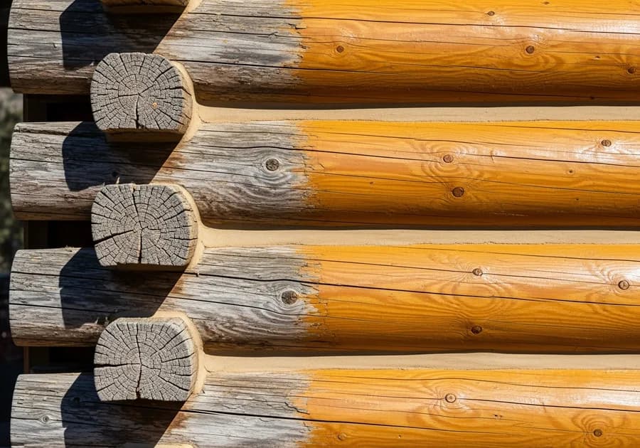 Weather damage log home restoration showing sun-faded grey logs refinished back to a golden color